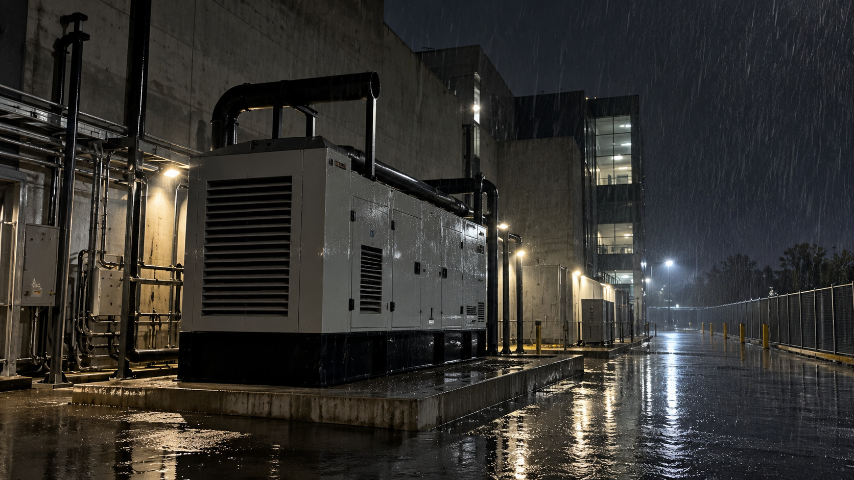 Grupo electrógeno industrial funcionando durante una tormenta